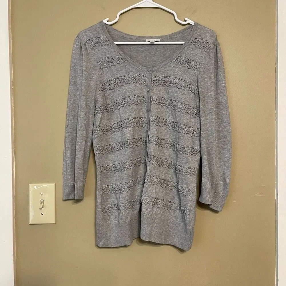 Halogen Womens Grey Silver Beaded Cotton Button up Cardigan Large